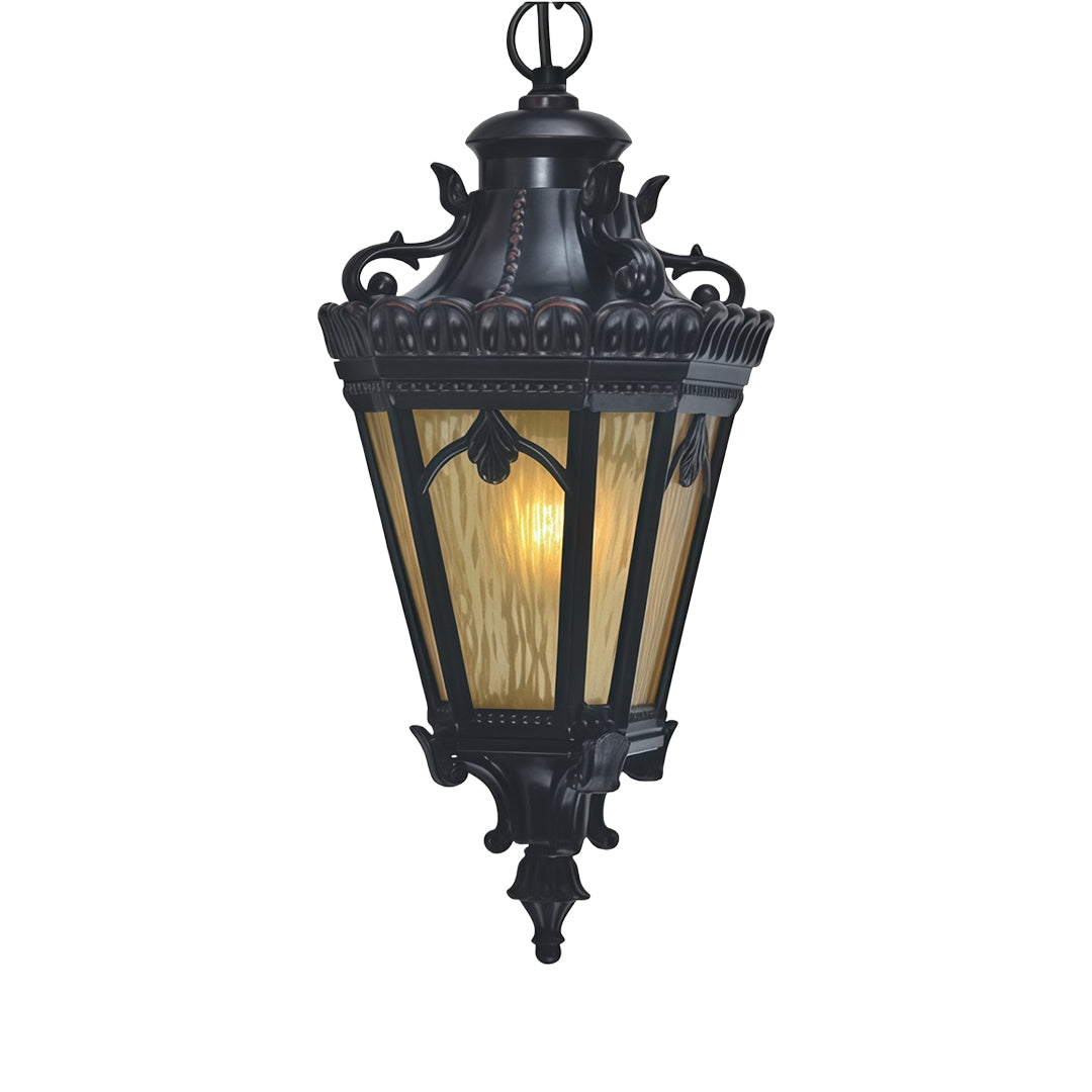 Traditional pendant light outdoor featuring decorative scrollwork and frosted glass on white background