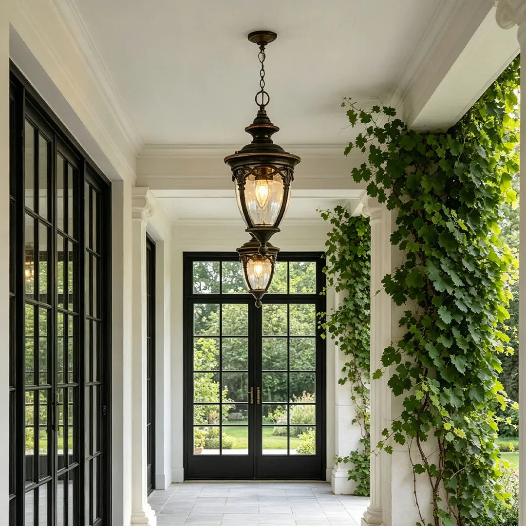 Traditional pendant porch light suspended in a covered entryway with glass doors, white trim, and climbing greenery.