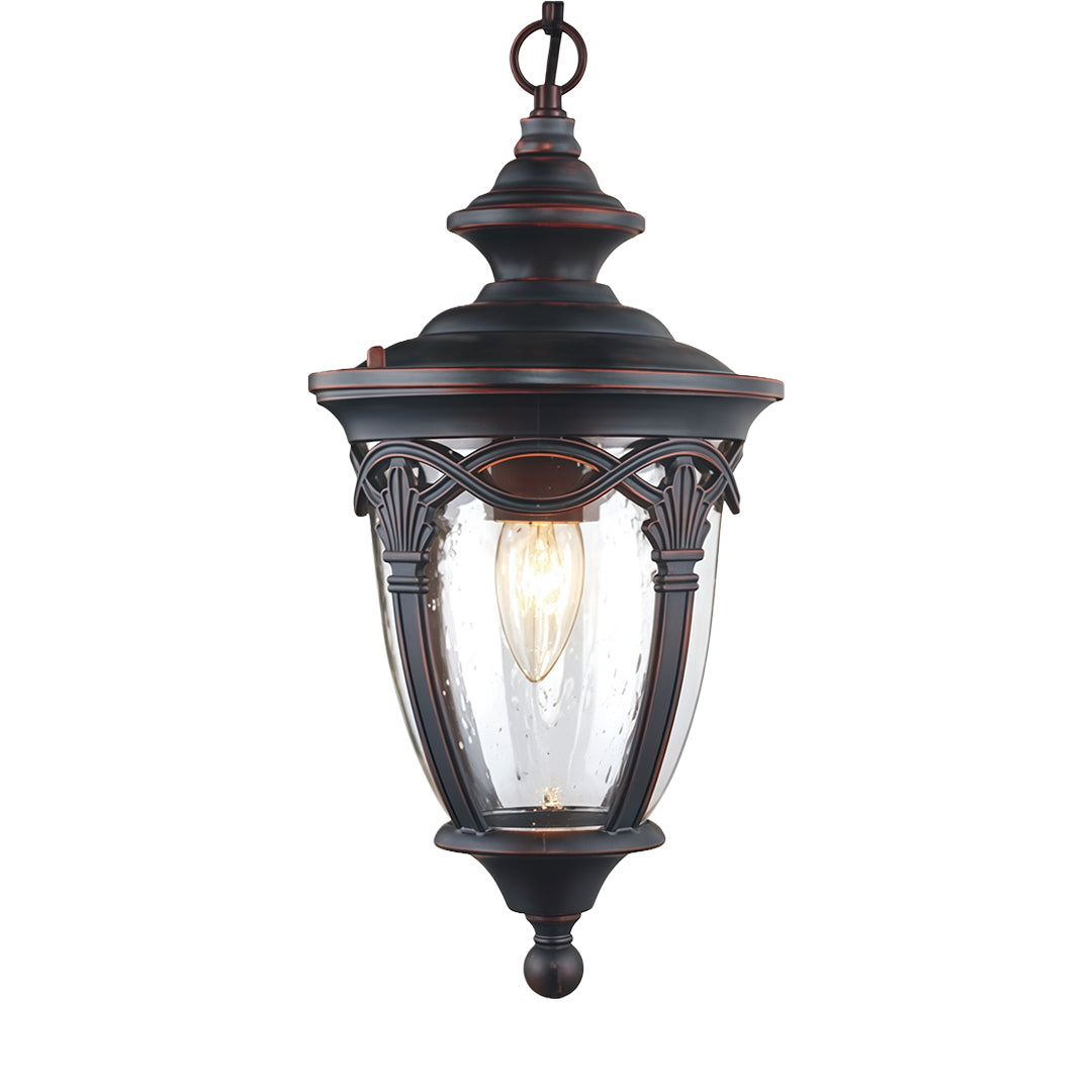 Traditional pendant porch light featuring decorative scrollwork and frosted glass on white background