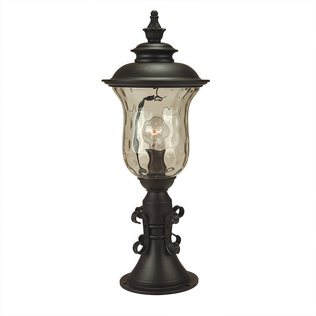 Traditional pillar gate light featuring textured glass lantern and scrolled metalwork on white background