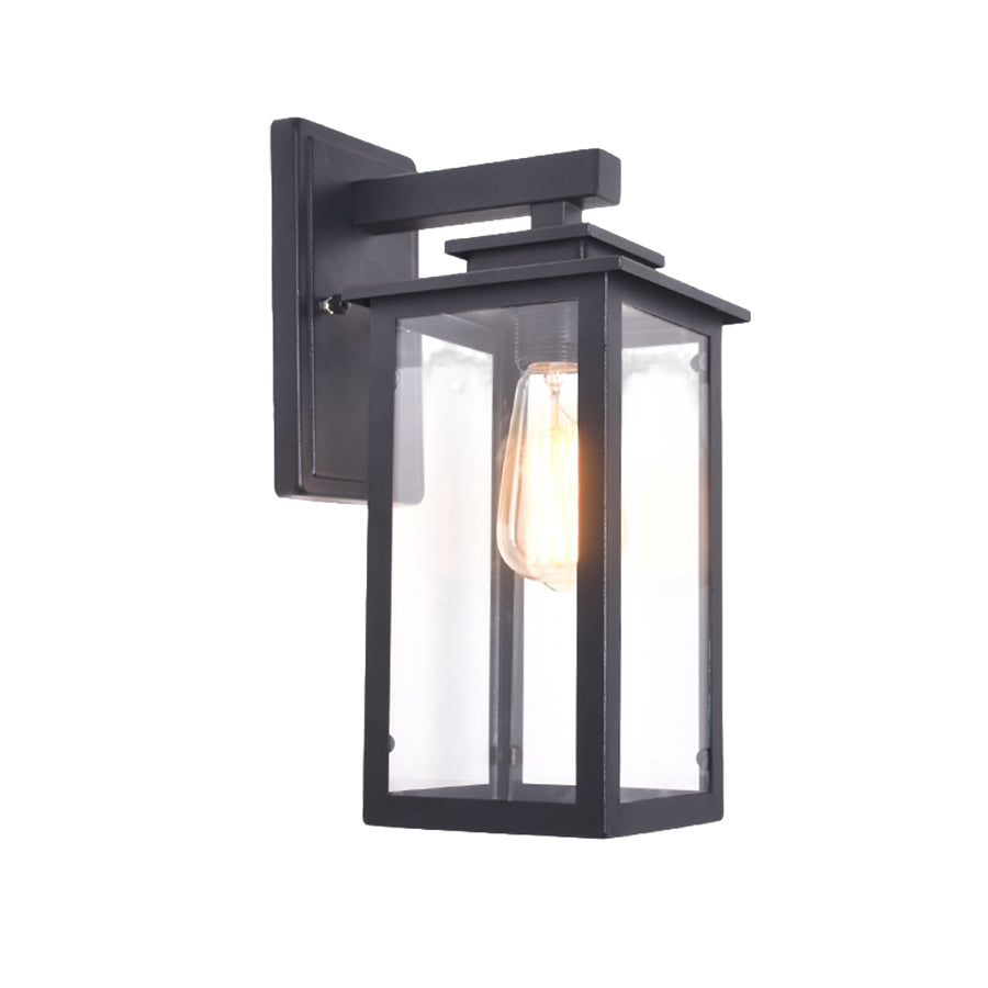 Traditional post-style lantern with black metal frame and clear glass construction