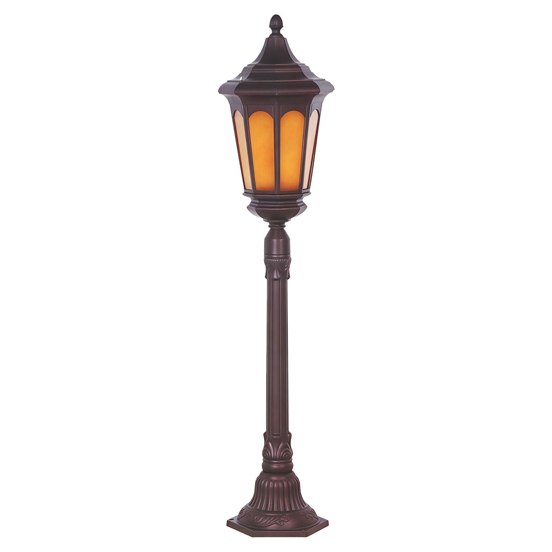 Traditional post path light featuring warm frosted glass and decorative metal finial on white background