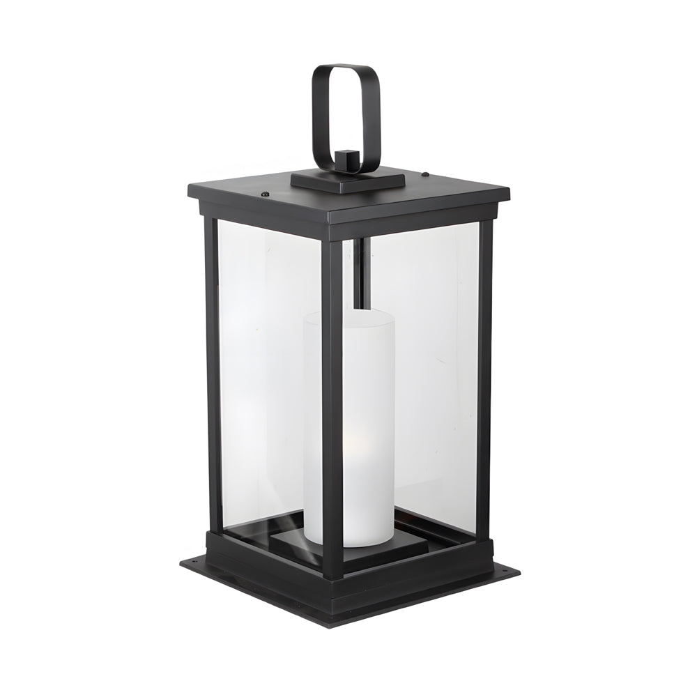 Silver Metal Table Lamp outdoor lantern with black metal frame and clear glass panels in traditional rectangular design