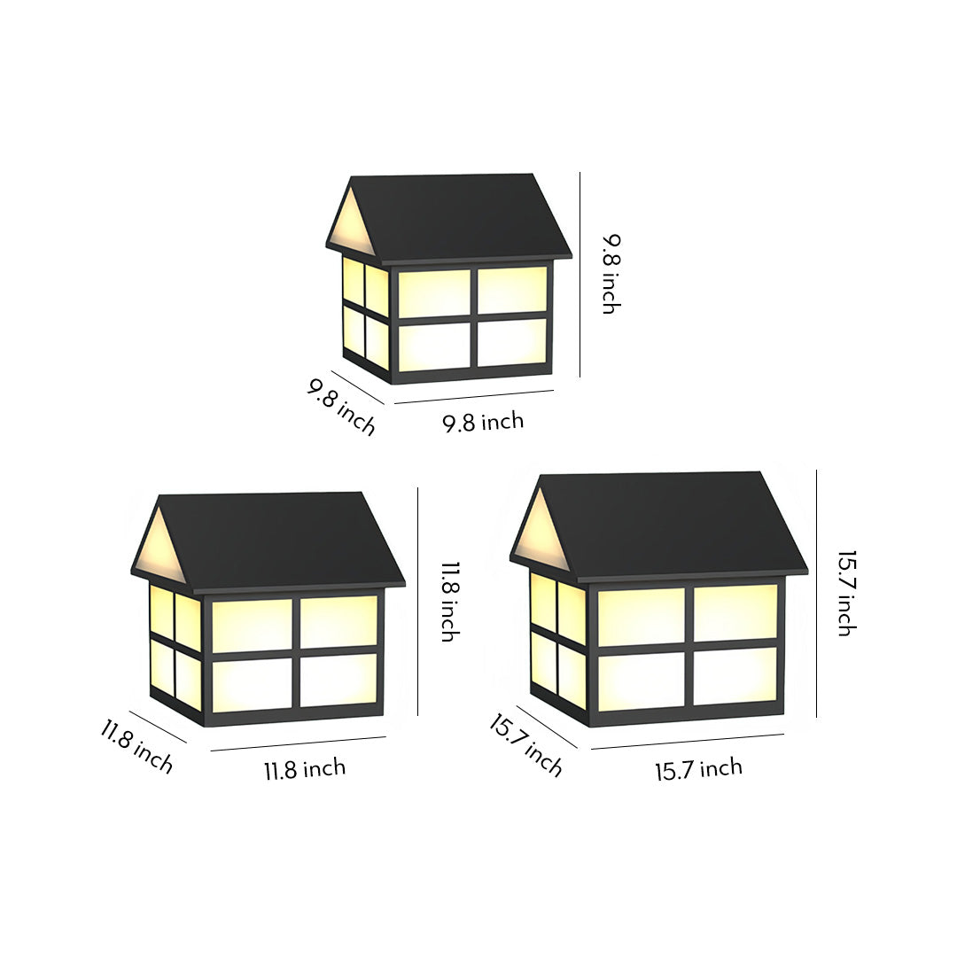 Traditional square gate pillar top lights in multiple sizes, featuring warm illumination and a classic black frame design.