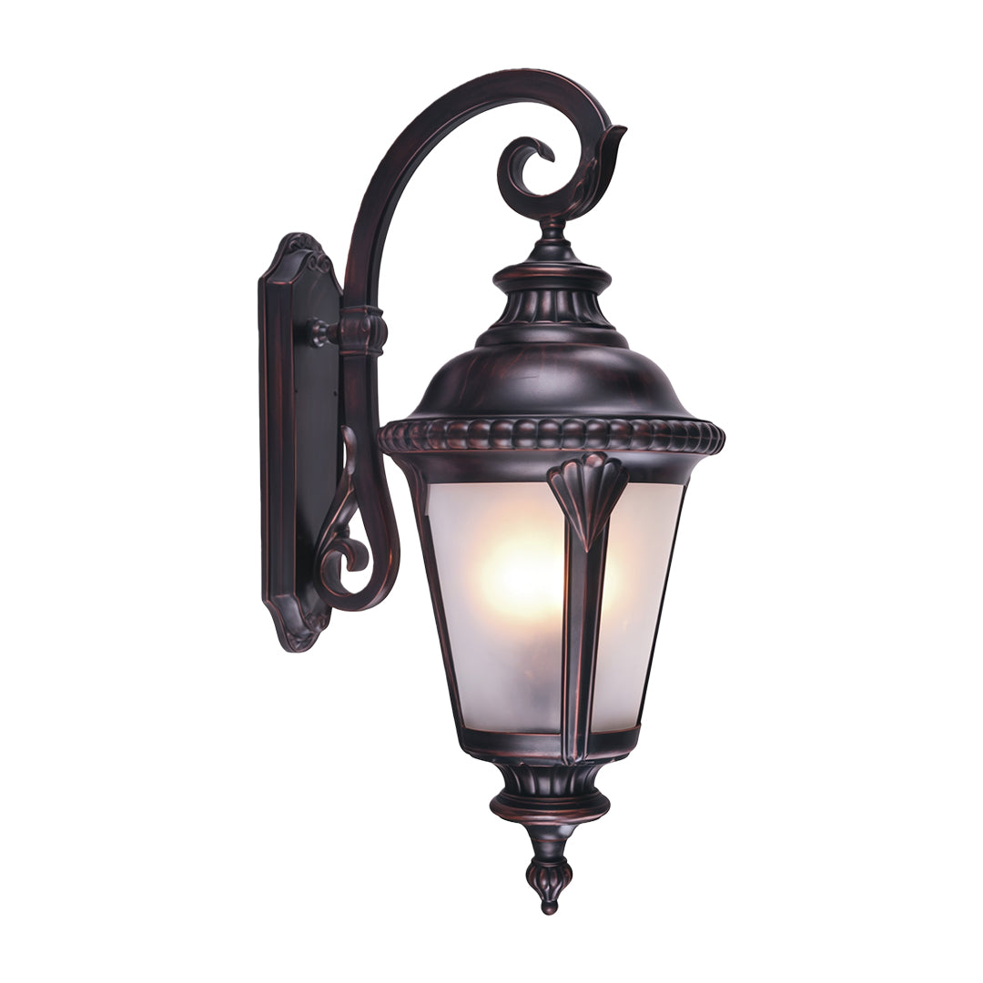 Traditional vintage outdoor wall sconce featuring decorative curved arm and amber glass on white background
