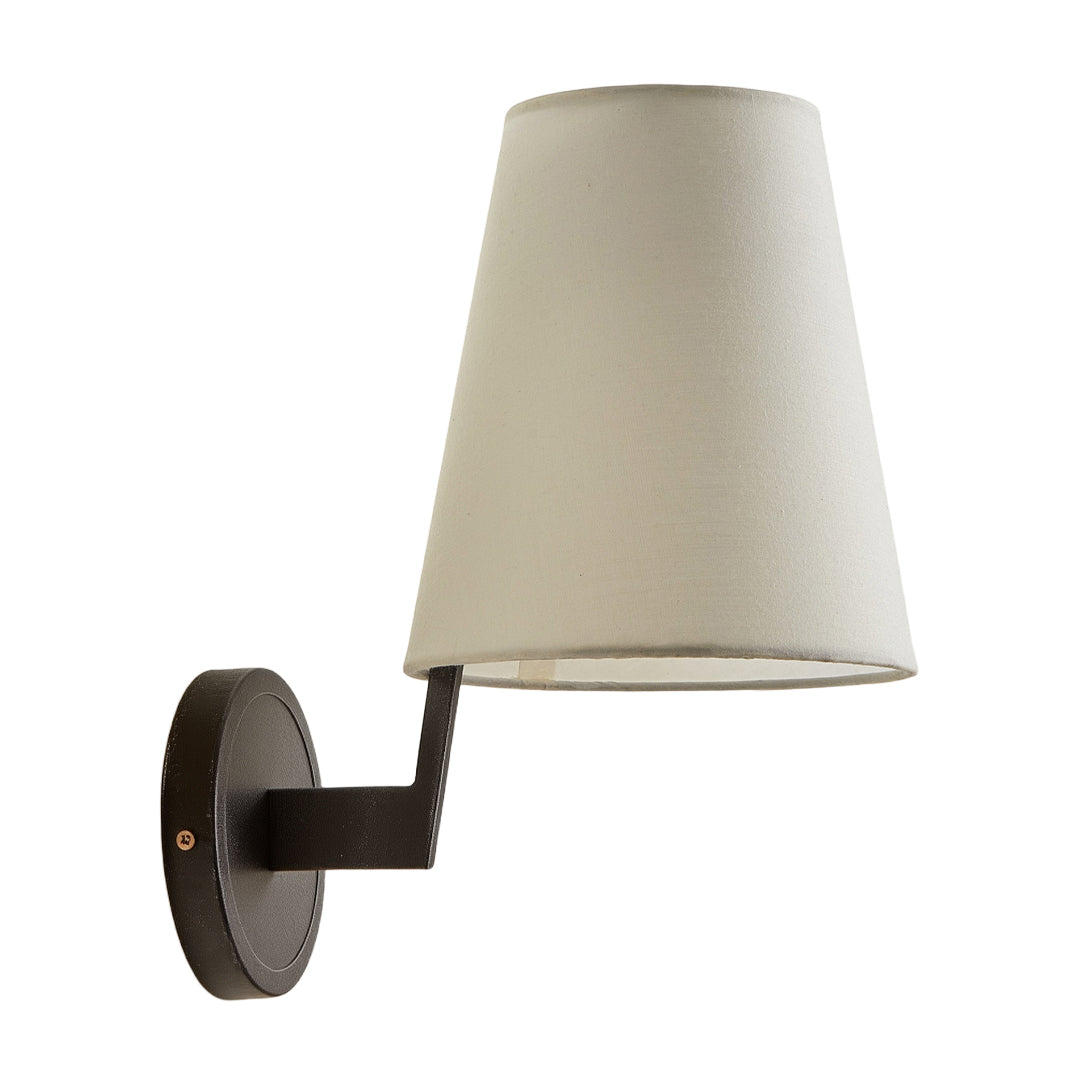 Traditional vintage wall lights showcasing tapered linen shade with dark wood mounting bracket in contemporary style