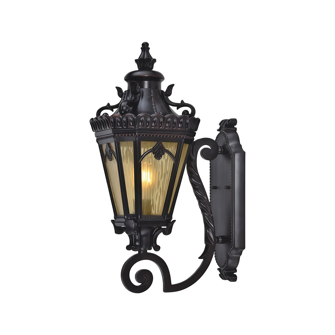 Traditional wall mount light outdoor featuring decorative metalwork and frosted glass on white background