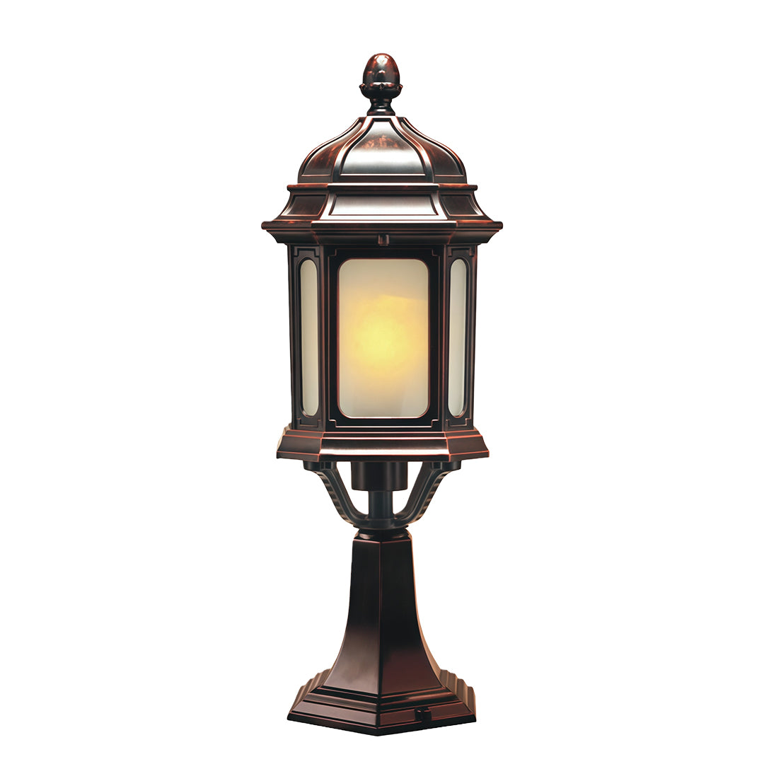 Traditional waterproof outdoor pendant light featuring vintage lantern design with dark metal finish on white background