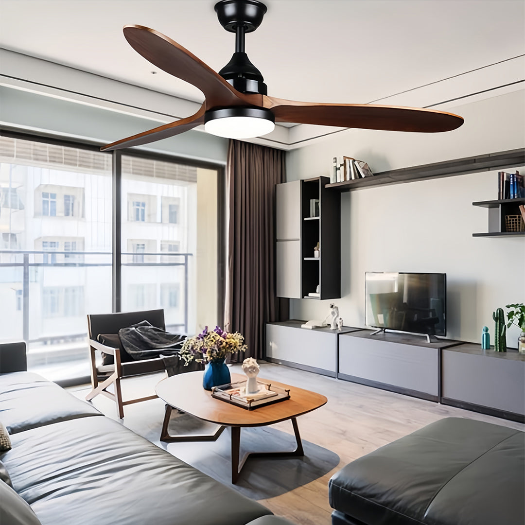 Traditional wooden ceiling fan with light with natural wood blades in dining room setup