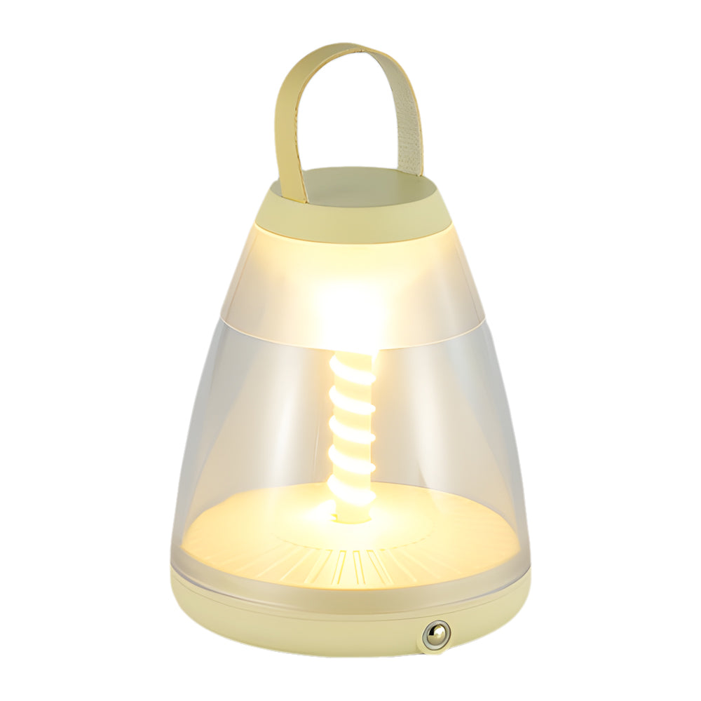 Modern battery powered outdoor table lamp with translucent cone shade and mint green base providing portable lighting solution