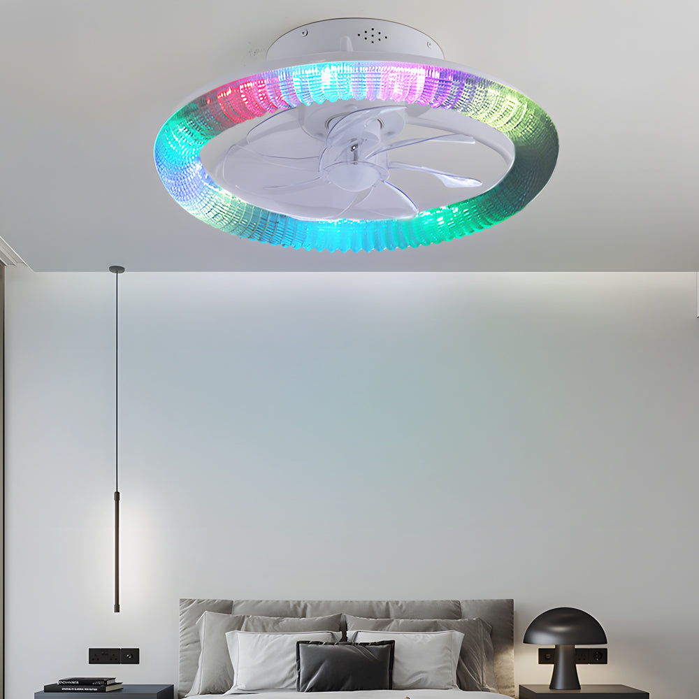 Close-up of transparent blade ceiling fan with light, showcasing its sleek blades.