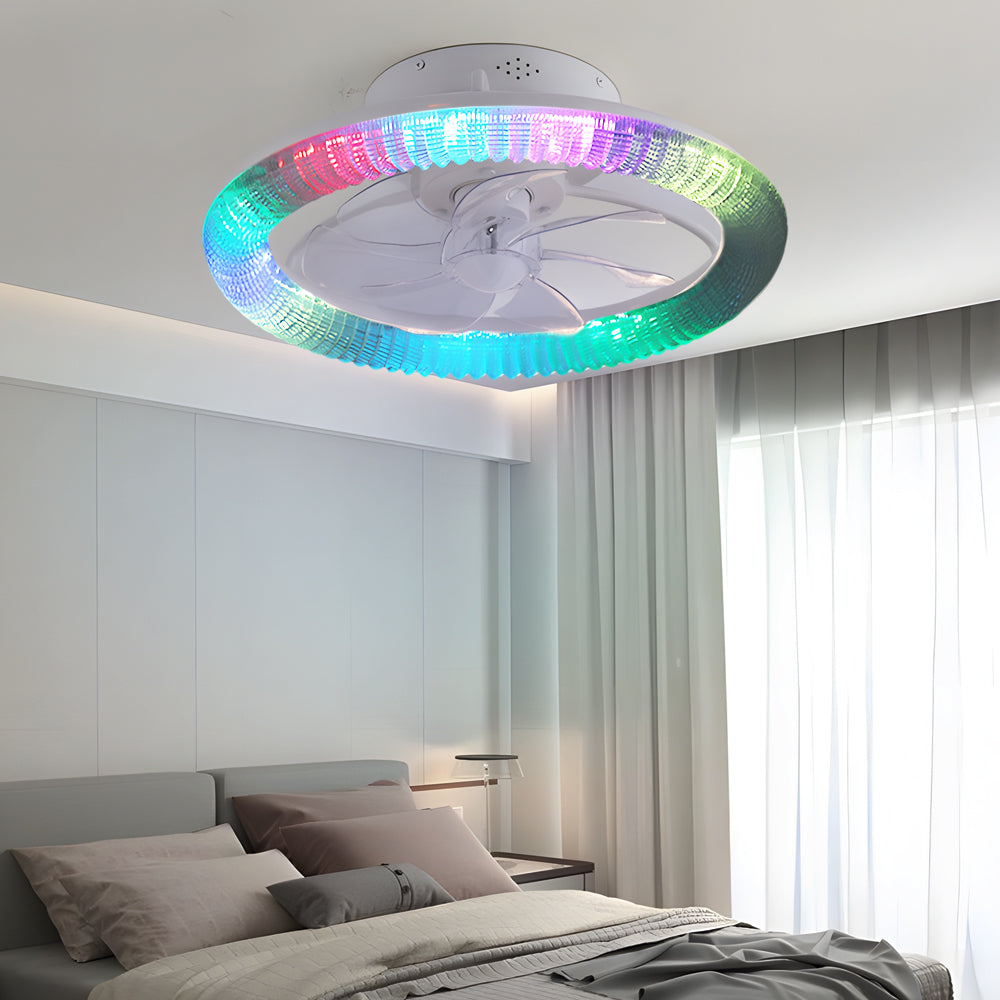 Transparent blade ceiling fan with light, featuring colorful LED illumination.