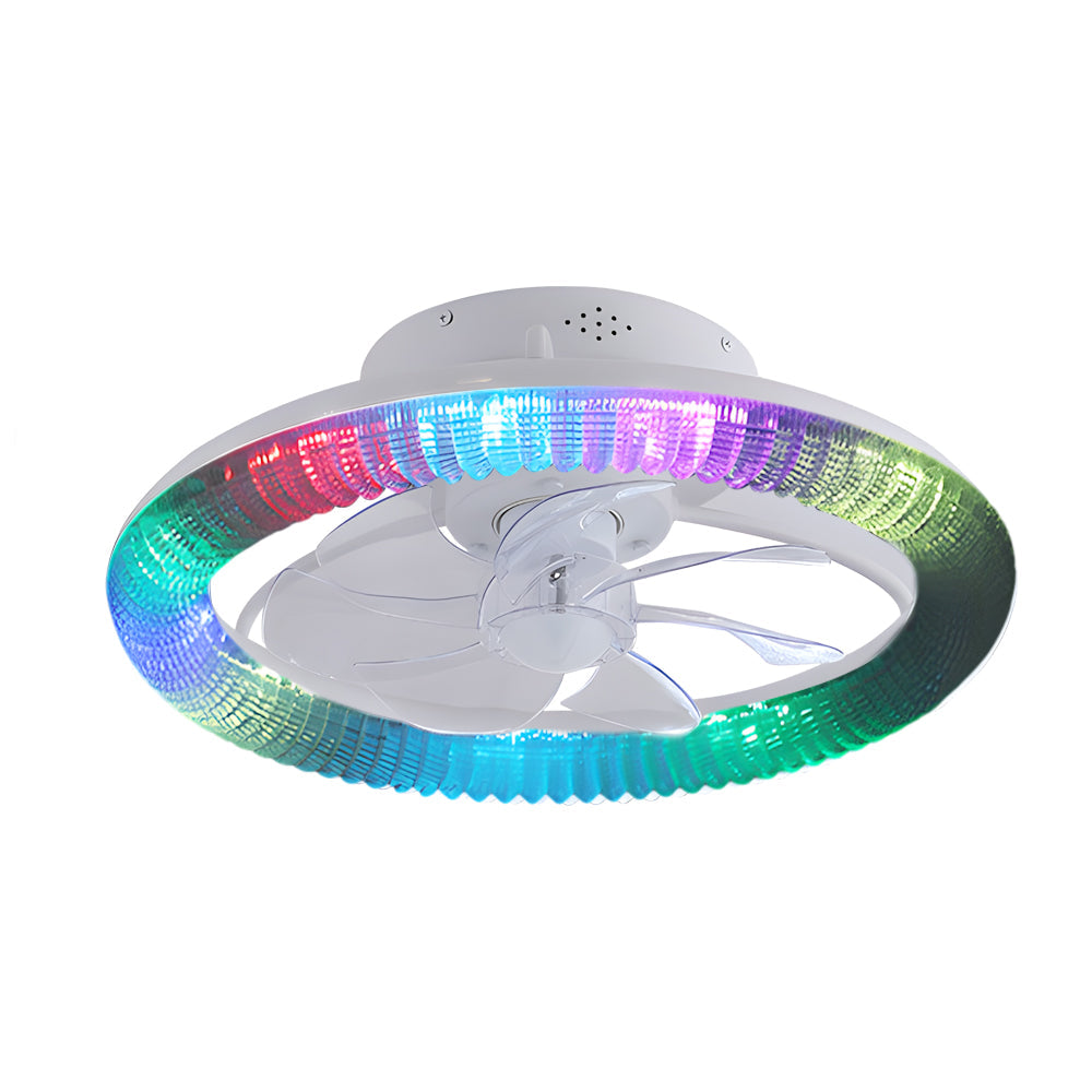 Transparent blade ceiling fan with light, providing colorful lighting effects.
