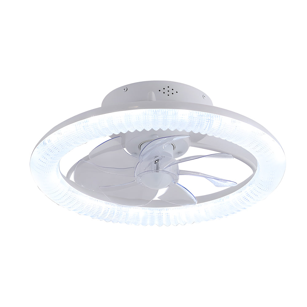 Transparent blade ceiling fan with light, featuring a modern design in a stylish room.
