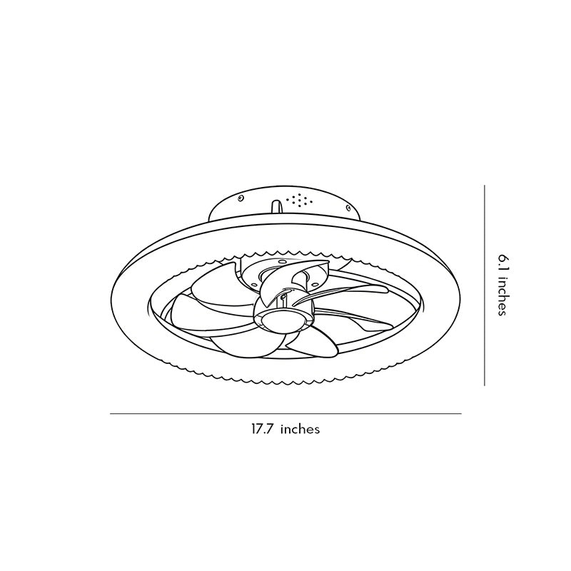 Technical diagram of transparent blade ceiling fan with light showing dimensions and installation details.