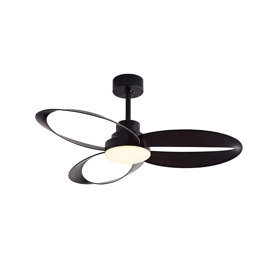 White modern ceiling fans with light installed beneath a tray ceiling in a bright contemporary room.