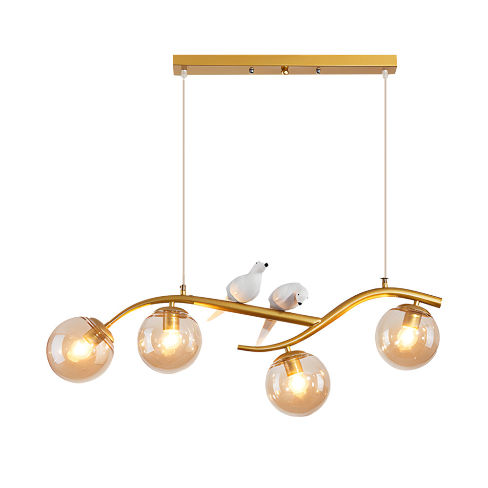 Tree branch pendant light suspended with adjustable hanging cables.