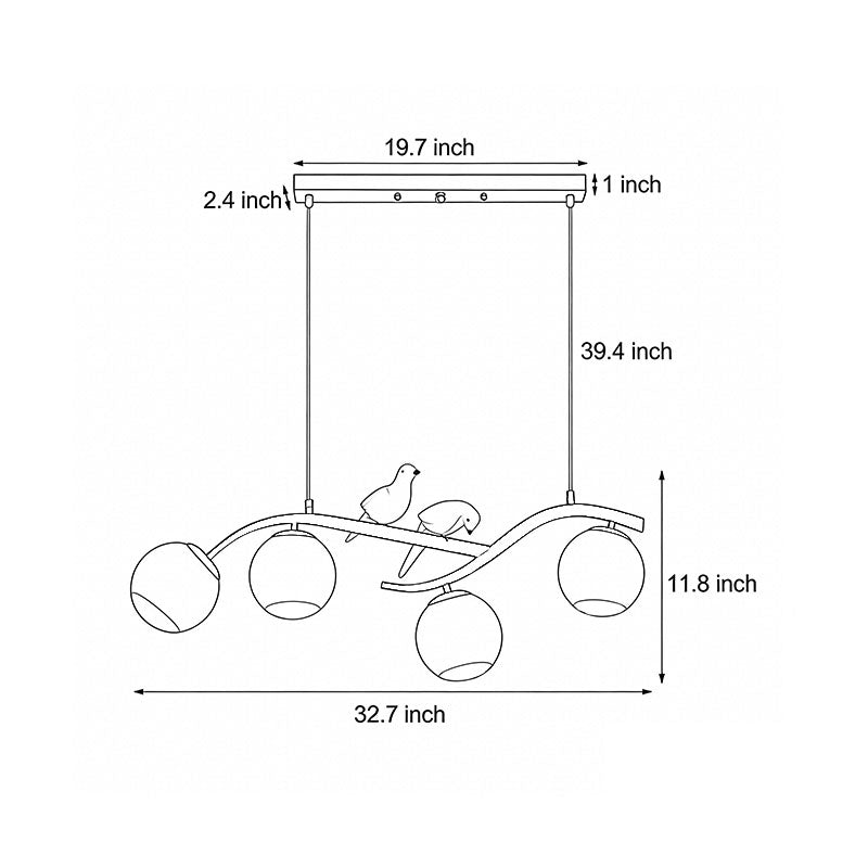 Tree branch pendant light dimension drawing with size measurements.