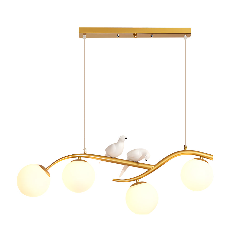 Tree branch pendant light with warm white bulbs on white background.
