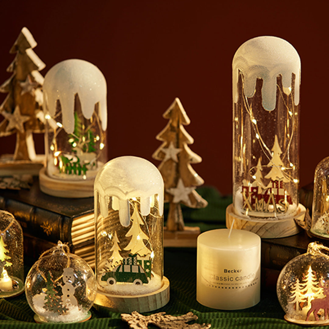 Christmas tree and cottage dome lamp decor arranged on a holiday surface, similar to a white glass table lamp.