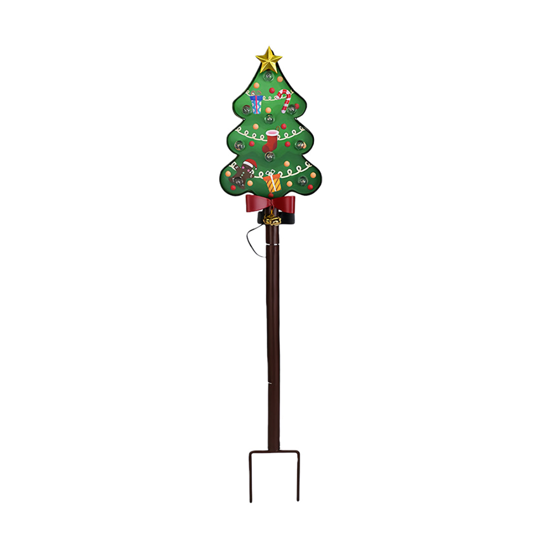 Christmas tree ground stake for Christmas lights featuring colorful ornaments and a bright star topper.
