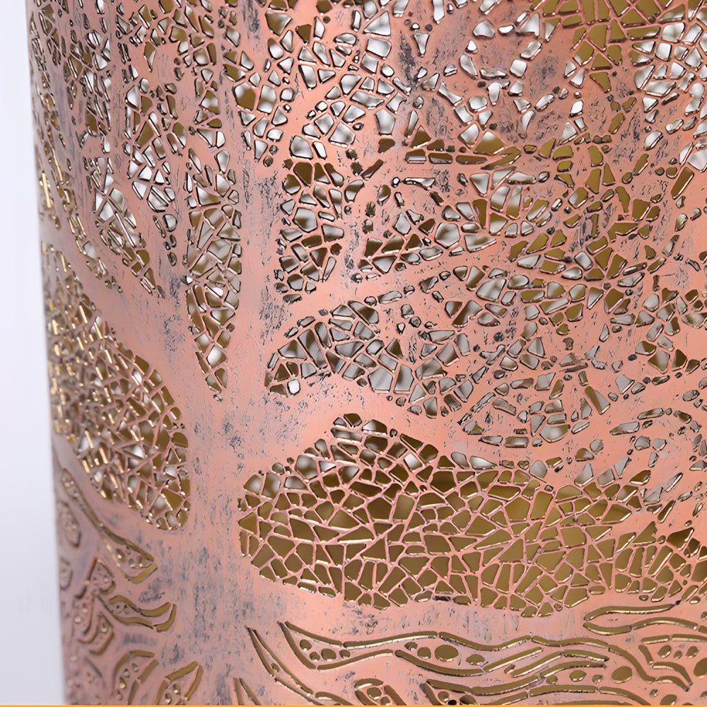 Tree of life lantern with a close-up of the detailed tree pattern.