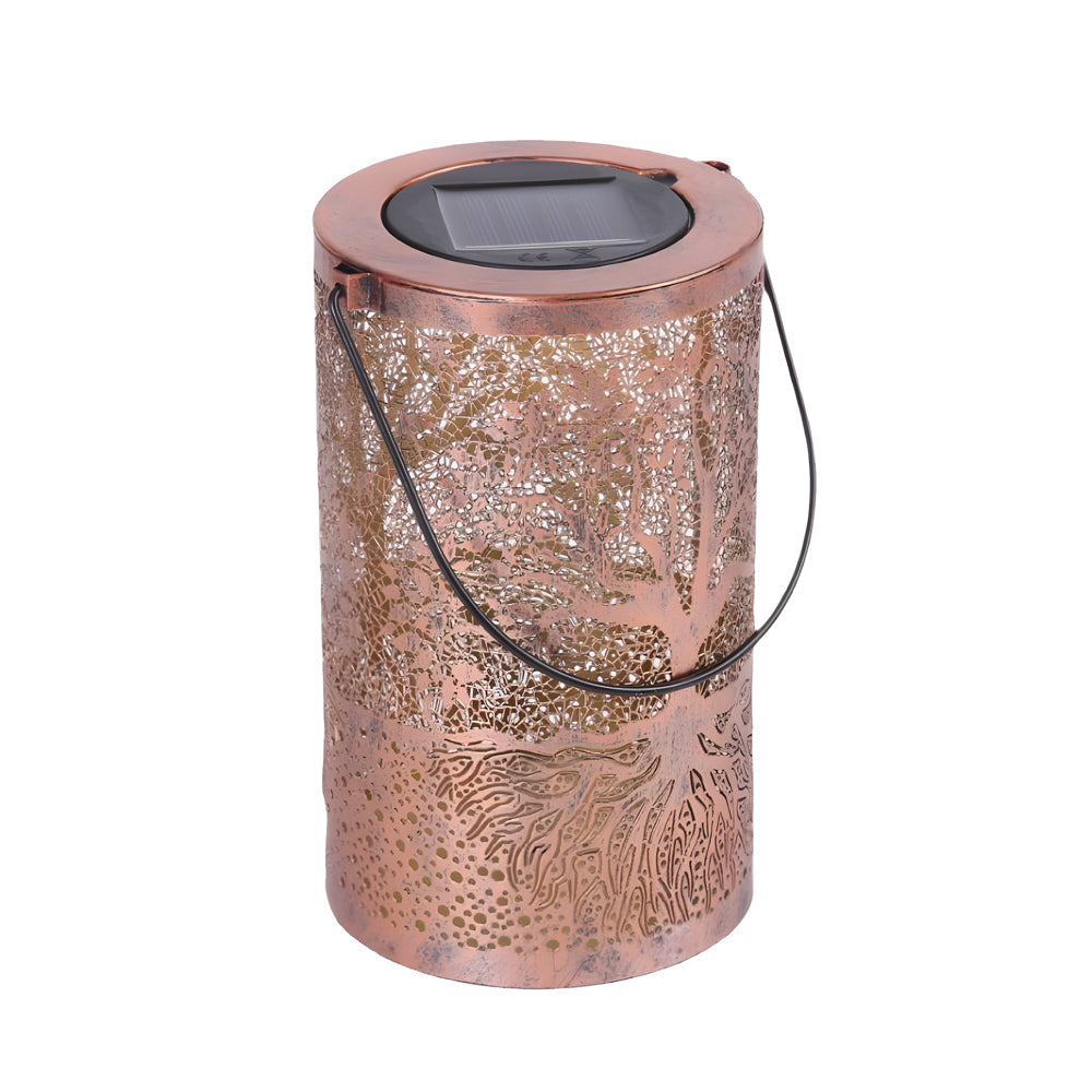 Tree of life lantern in copper, front view of the decorative design.