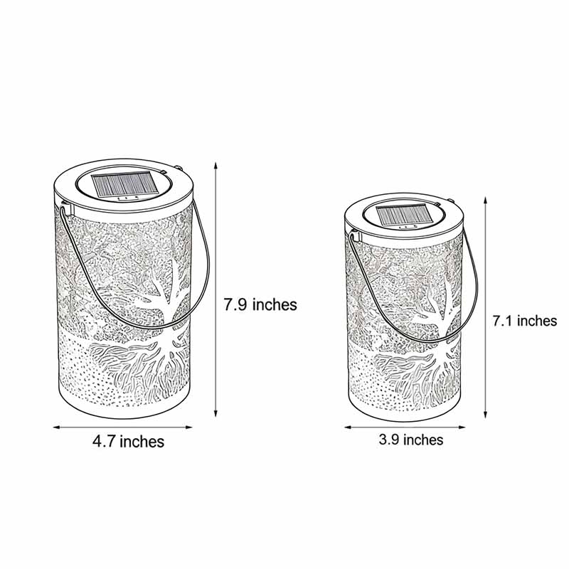Tree of life lantern dimensions, front and side view with size specifications.