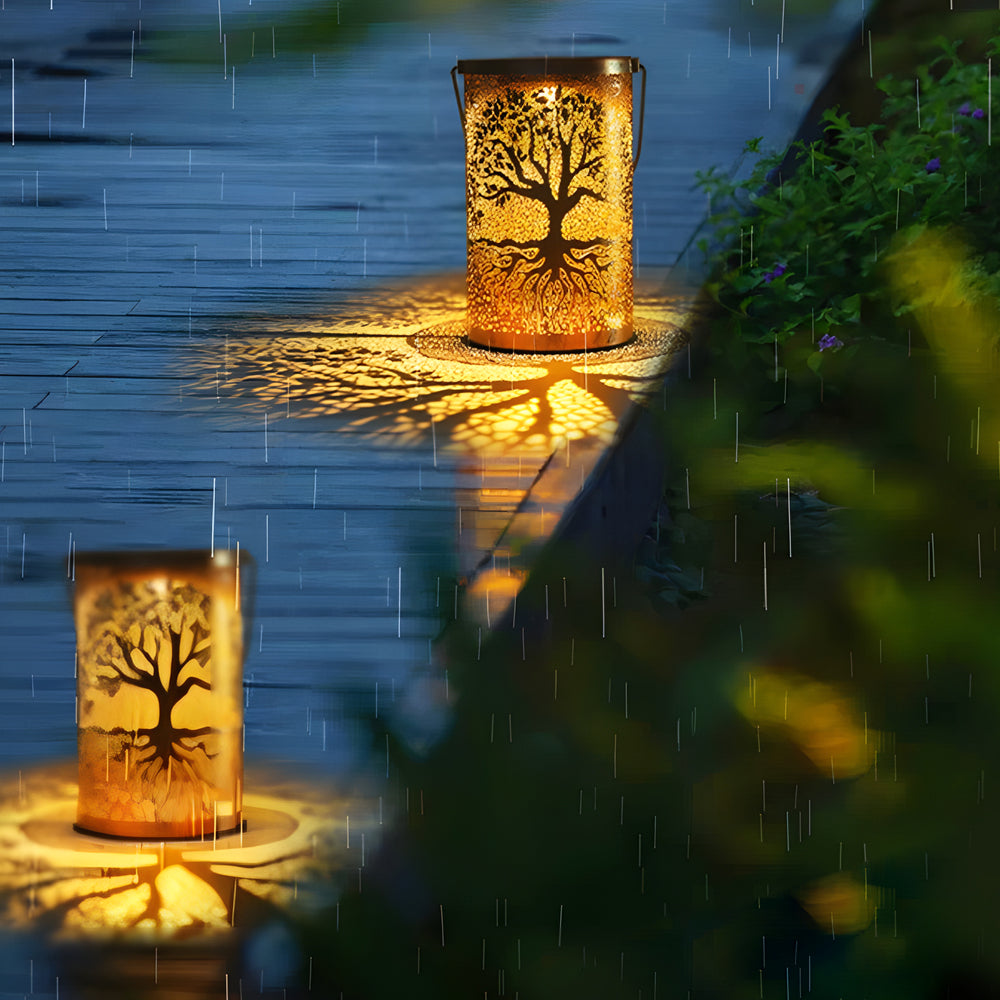 Tree of life lantern enhancing a garden pathway with magical, golden light.