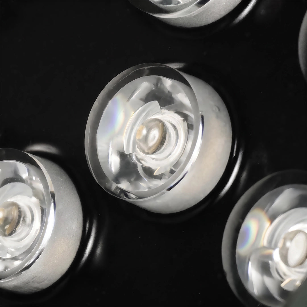 Close-up of the LED lenses inside a tree spotlight fixture.