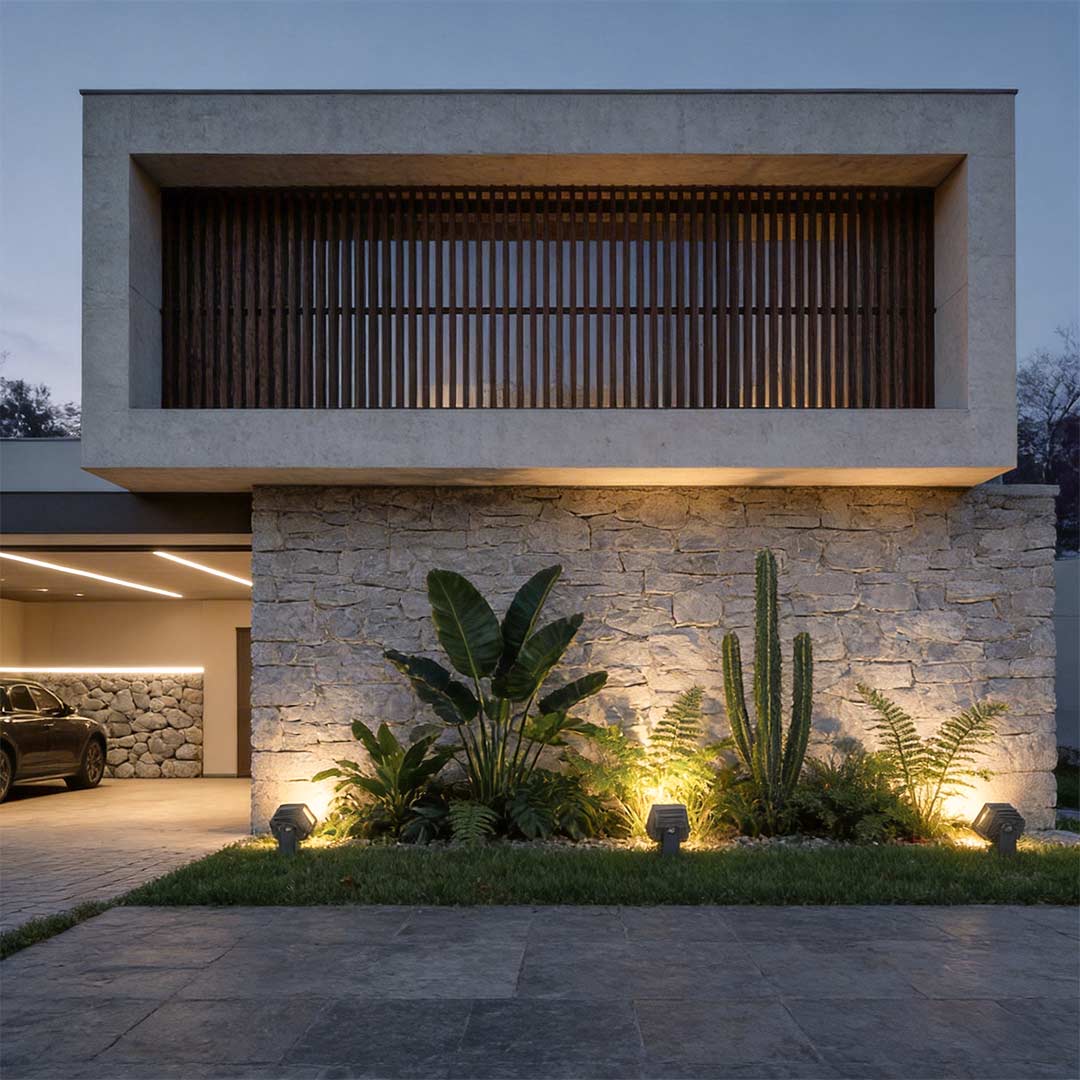 Tree spotlight enhancing a modern house entrance with elegant ambient glow.