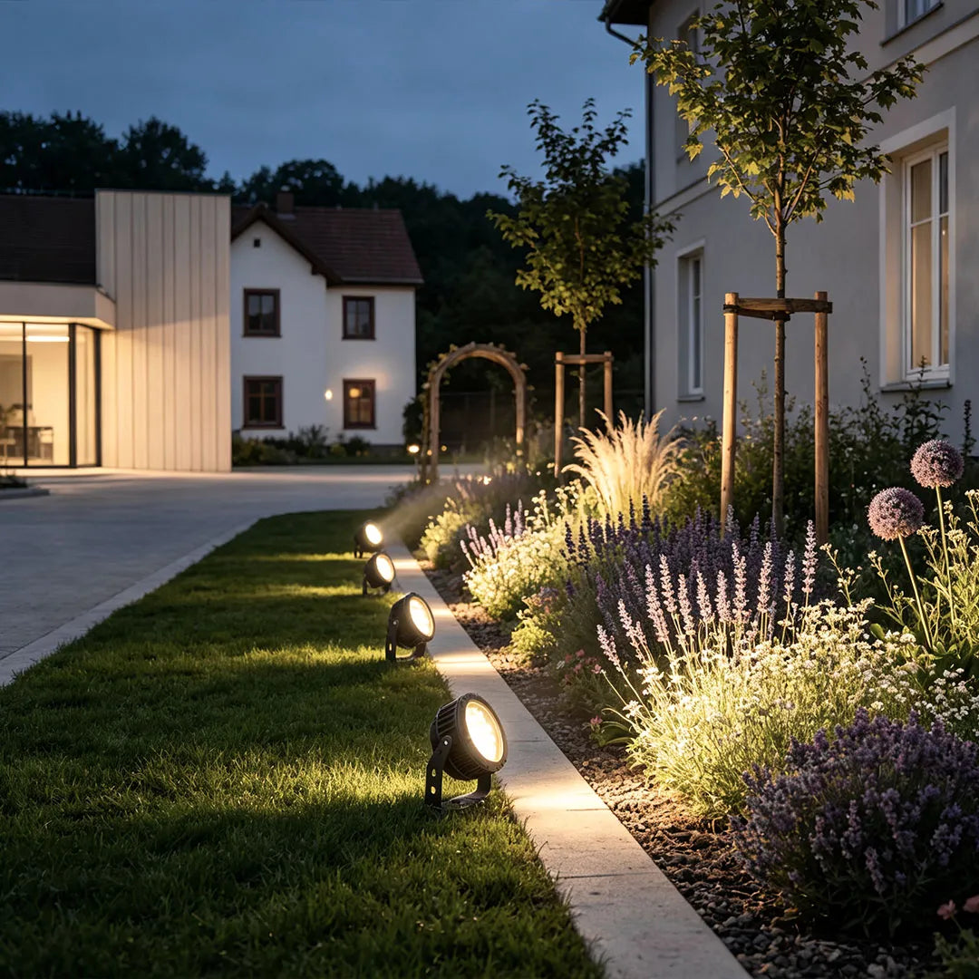 Tree spotlights installed along a residential walkway to illuminate trees and garden borders at night.