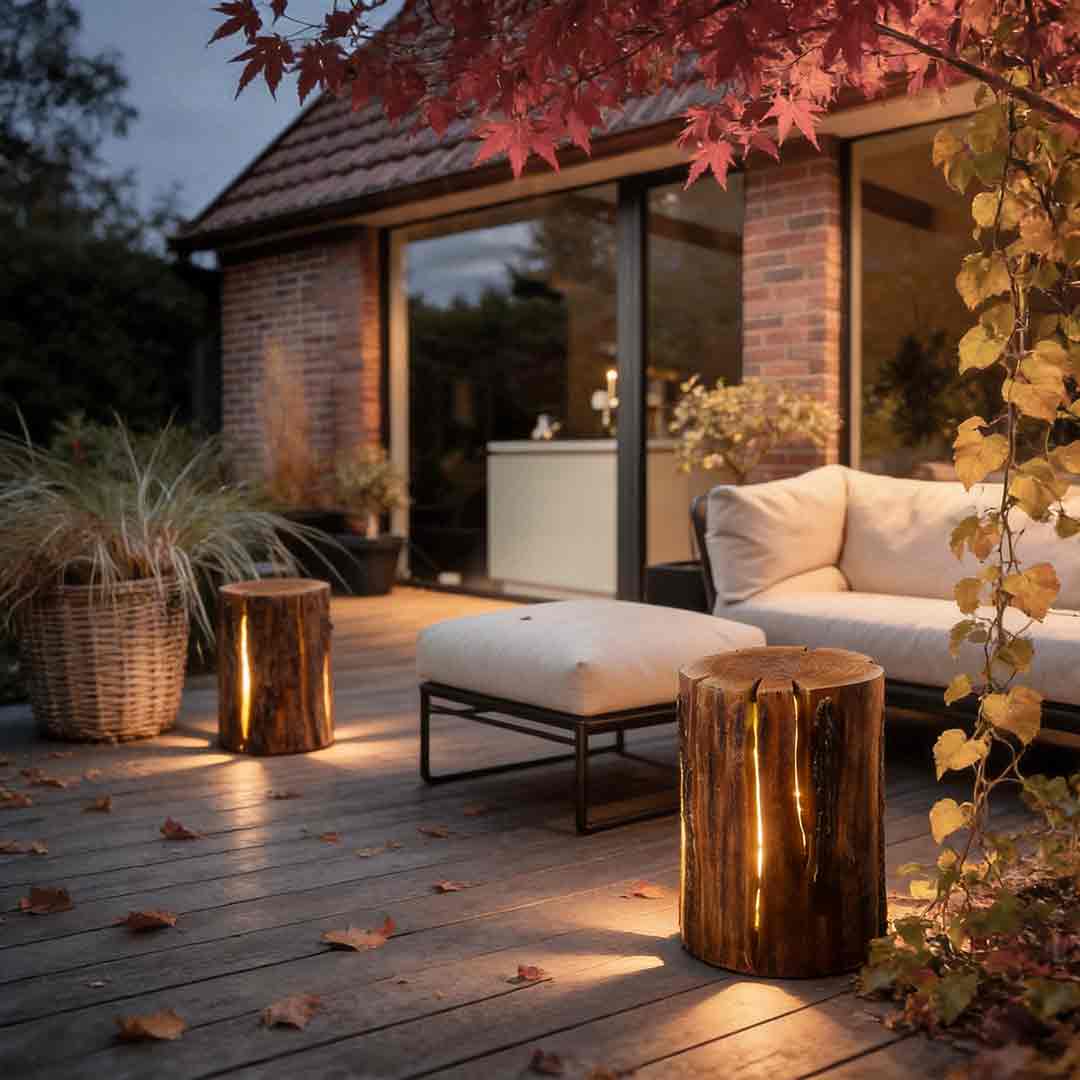 Tree stump lamp illuminating a cozy outdoor seating area with warm natural glow.