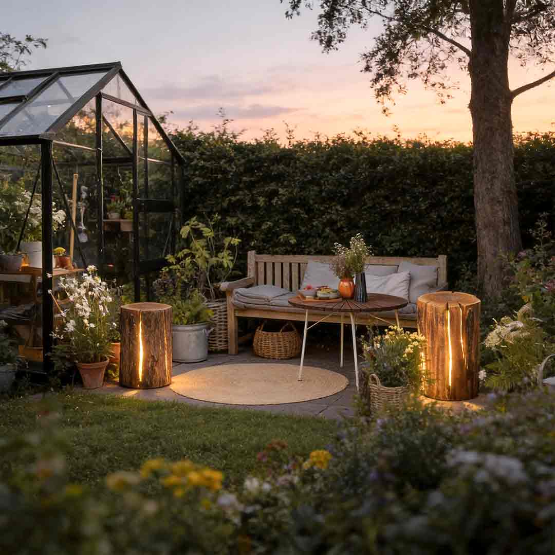 Tree stump lamp enhancing a modern garden table setting with soft ambient light.