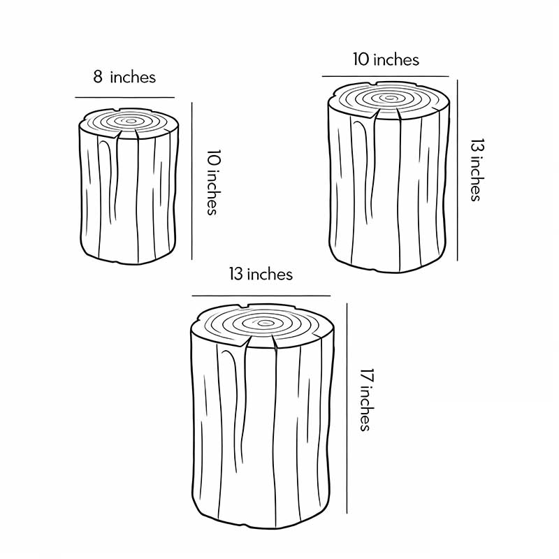 Technical diagram showing dimensions and structure of tree stump lamp models.
