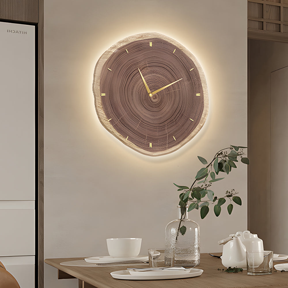 Tree stump wall clock in a cozy living room setting, bringing nature-inspired decor with a minimalist clock face design.
