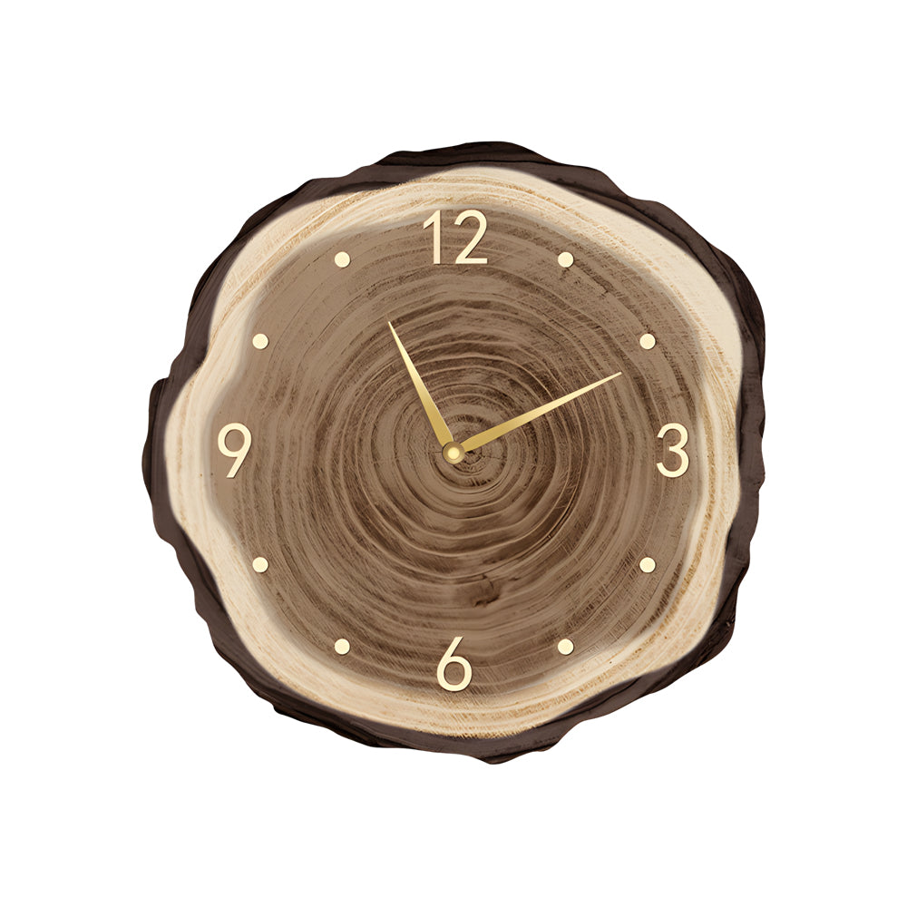 Tree stump wall clock with a rustic design, featuring glowing accents around the wood texture and modern gold hands.