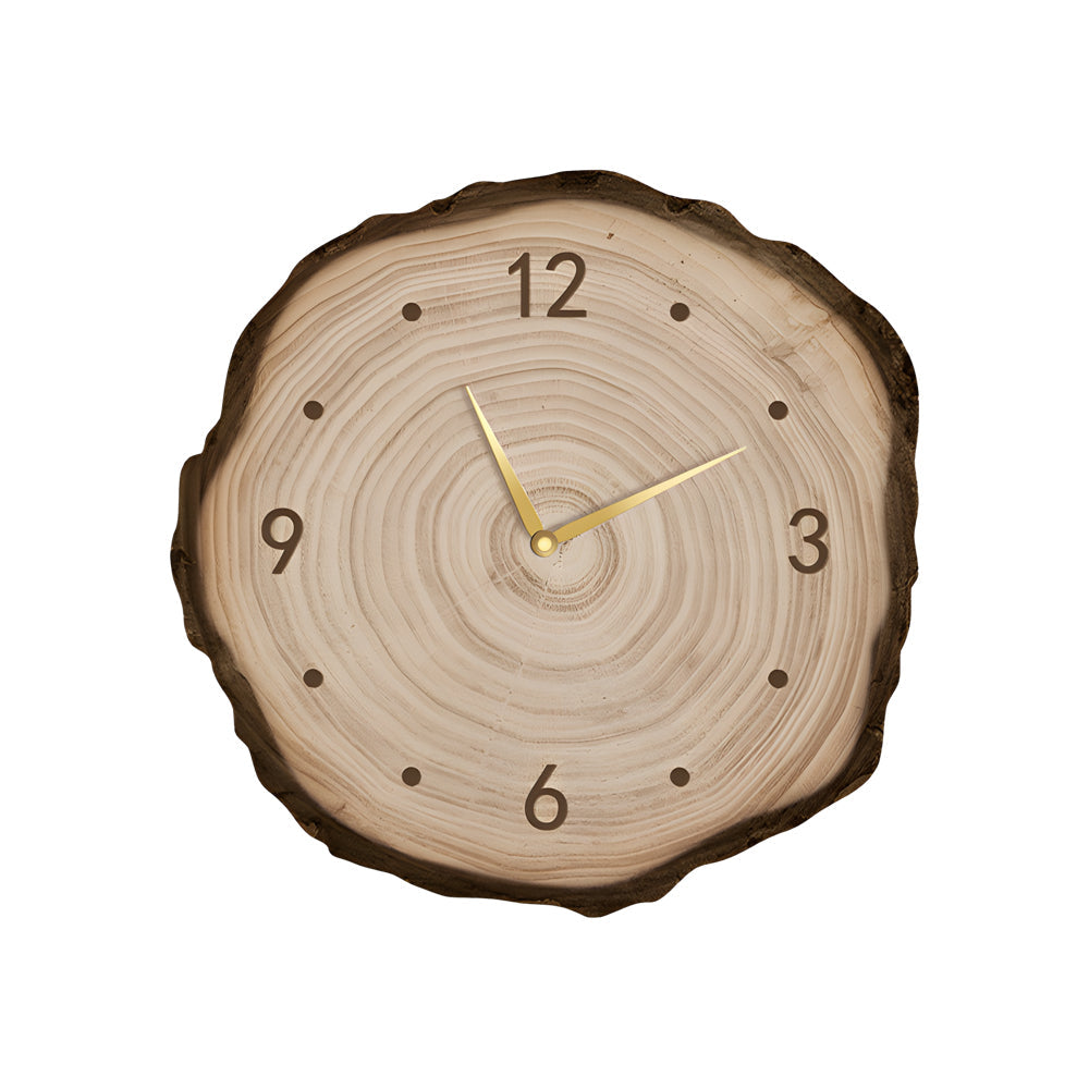 Tree stump wall clock with detailed natural wood texture, adding a rustic charm to any modern home or office space.