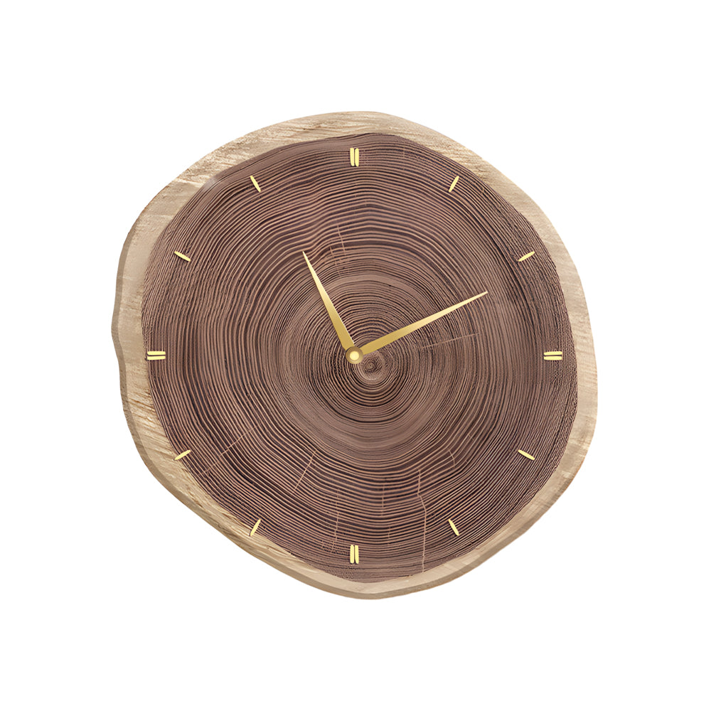 Elegant tree stump wall clock with a gold-accented clock face, perfectly complementing a modern home decor style.