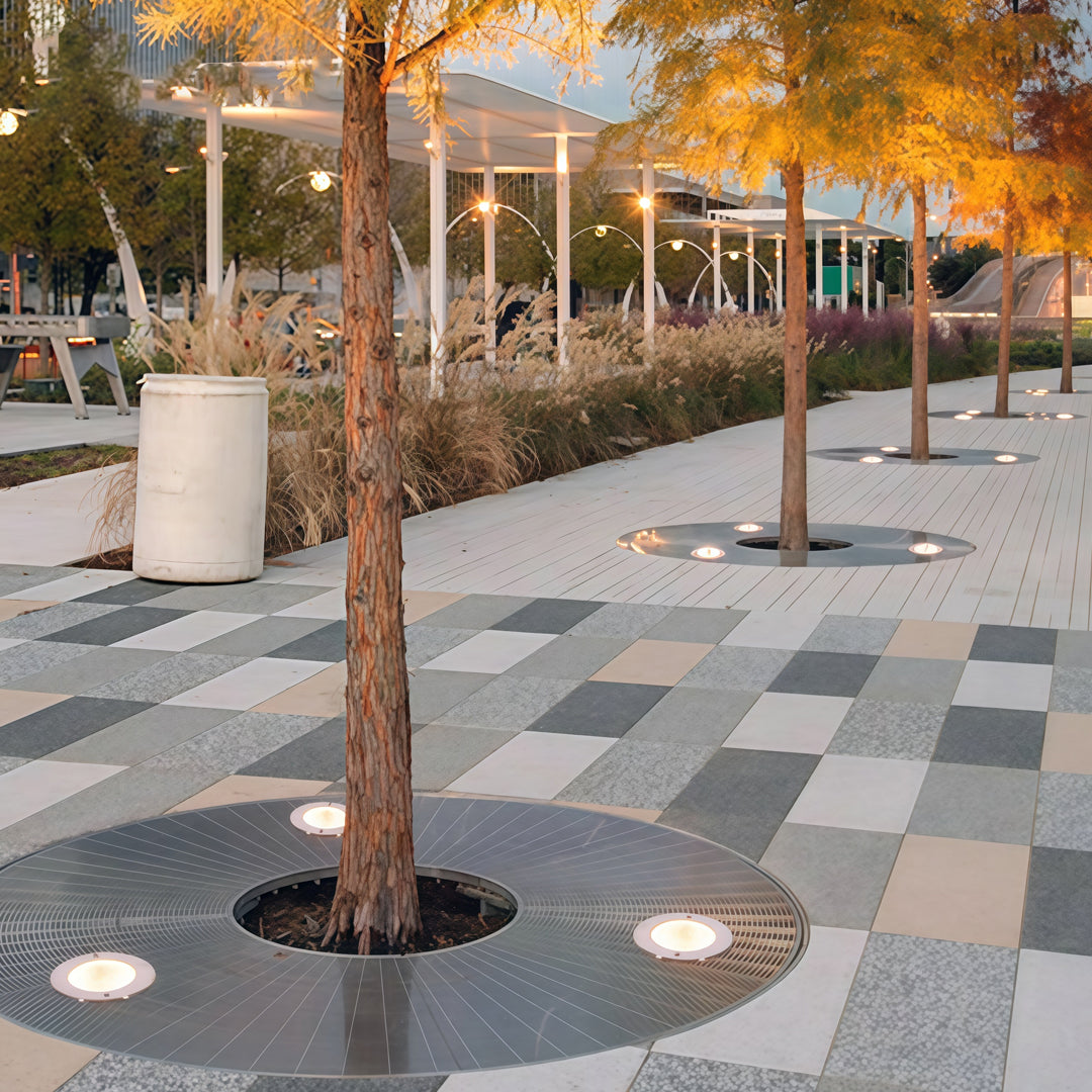 Inground light fixtures arranged along a tree-lined walkway providing even outdoor illumination.