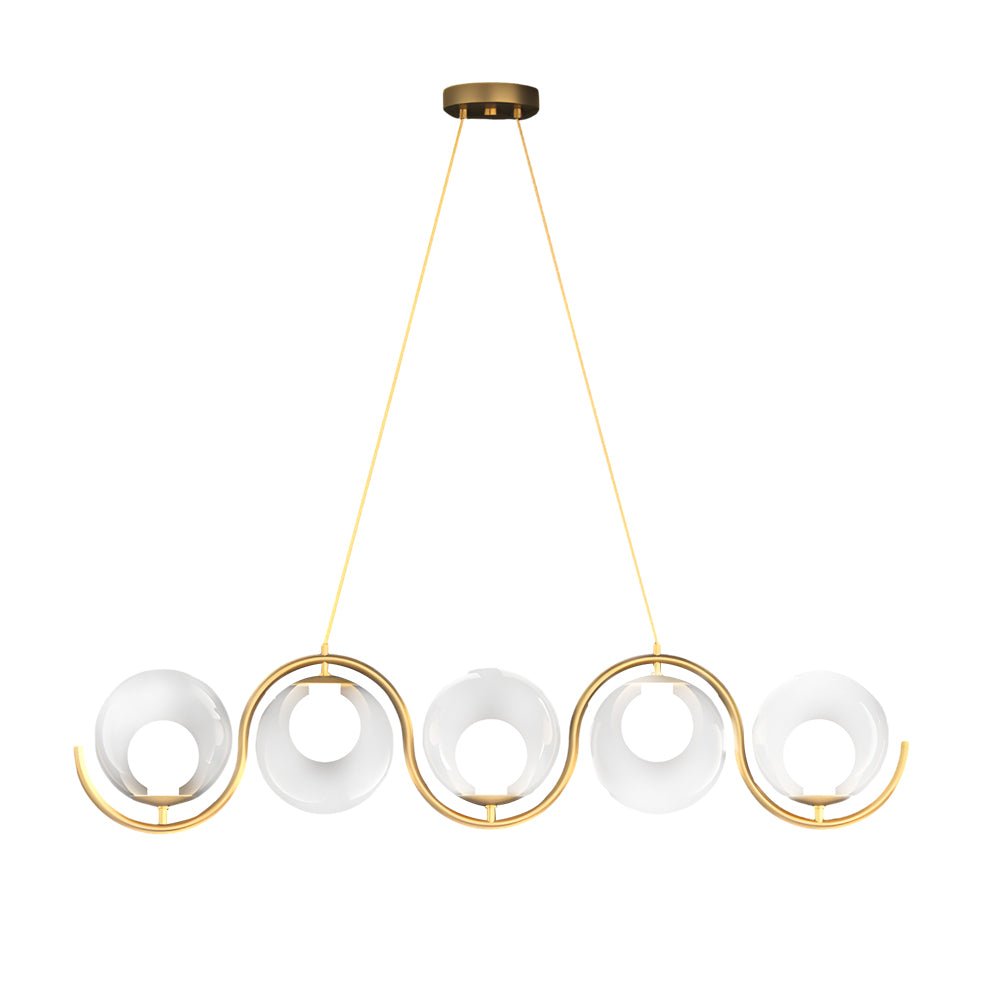 Trendy glass ball linear chandelier with golden finish, adding a stylish, modern touch to your home decor.