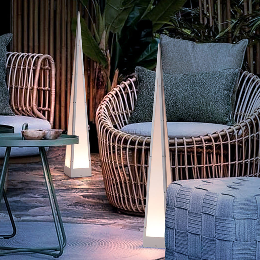 Contemporary triangular lighting fixtures enhancing stylish outdoor lounge area