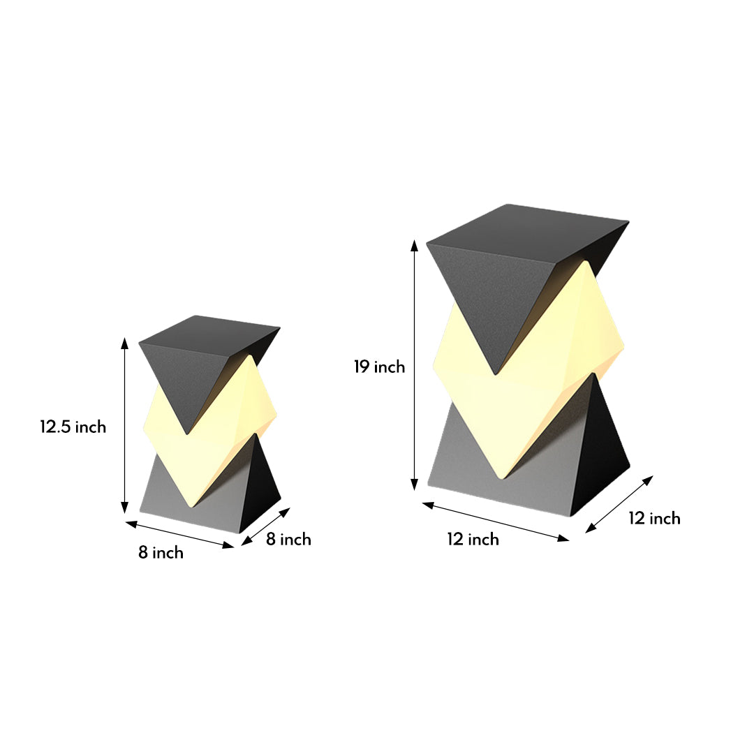 Technical specification diagram showing two sizes of contemporary triangular outdoor light fixtures with measurements