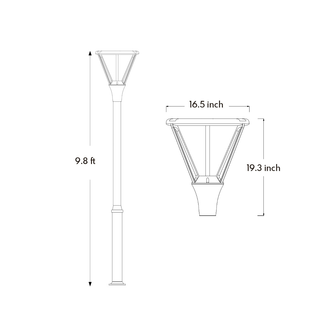 Technical specification diagram showing cross-section and measurements for triangular street light fixture