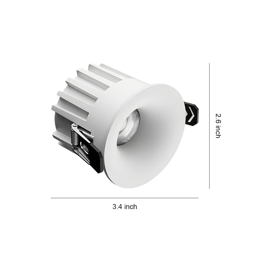 Trimless recessed downlight with white housing and heat sink, shown with dimension measurements on white background