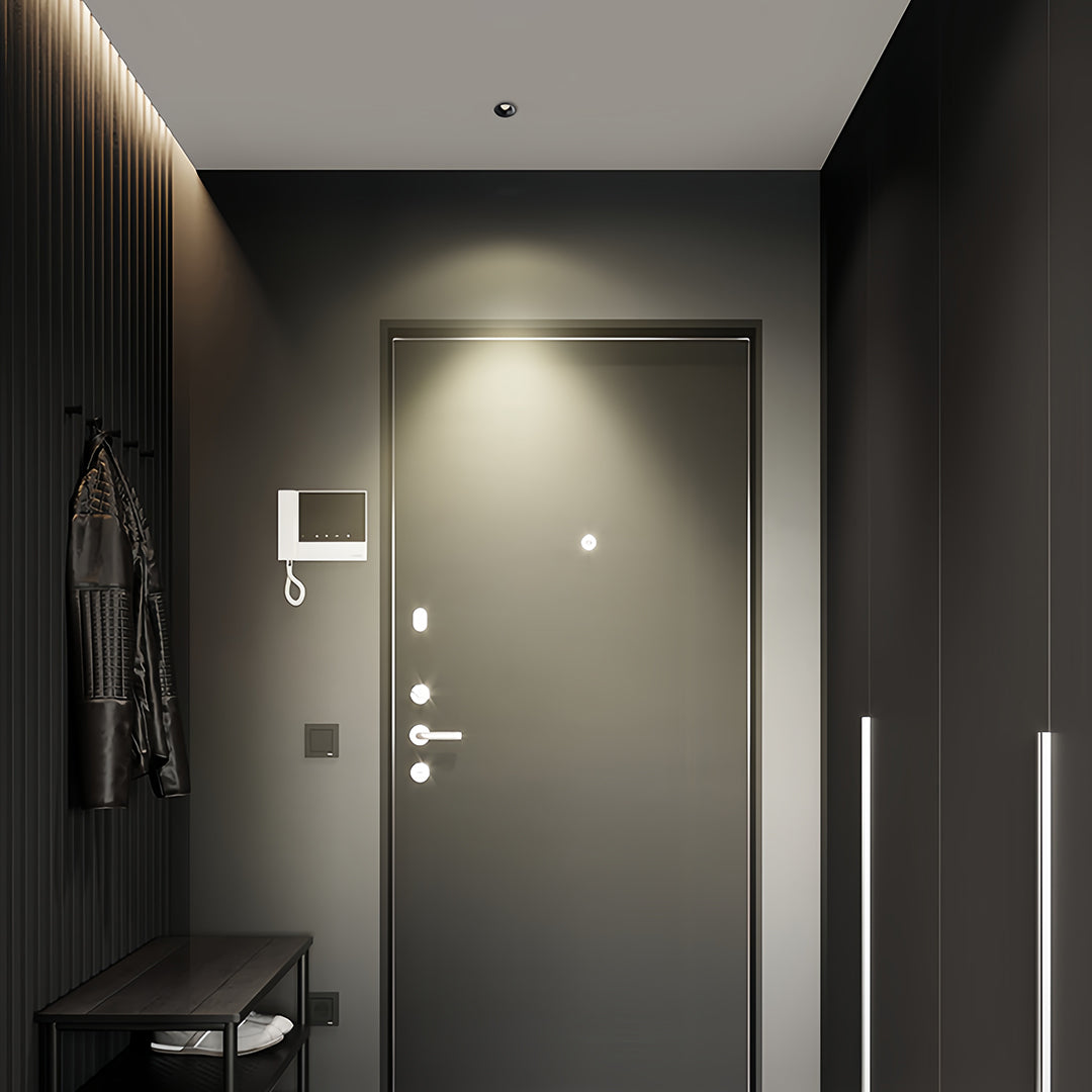 Trimless recessed downlights highlighting artwork in dark sophisticated entryway with wood paneling