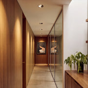 Trimless recessed downlights installed along a modern hallway ceiling, providing clean and discreet illumination beside wood wall panels.