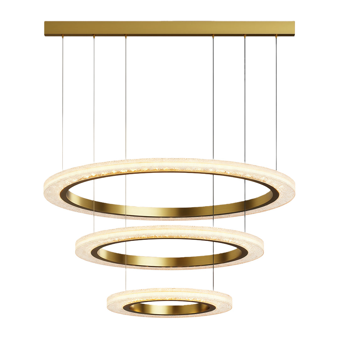 Modern luxury chandeliers with triple brass rings and three-tier LED crystal configuration