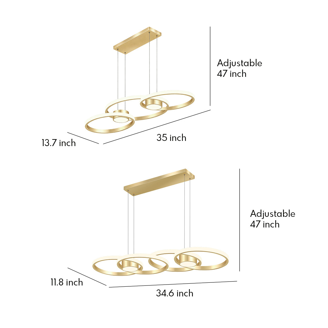 Elegant gold chandelier lamp with three interconnected rings, modern ceiling lighting design
