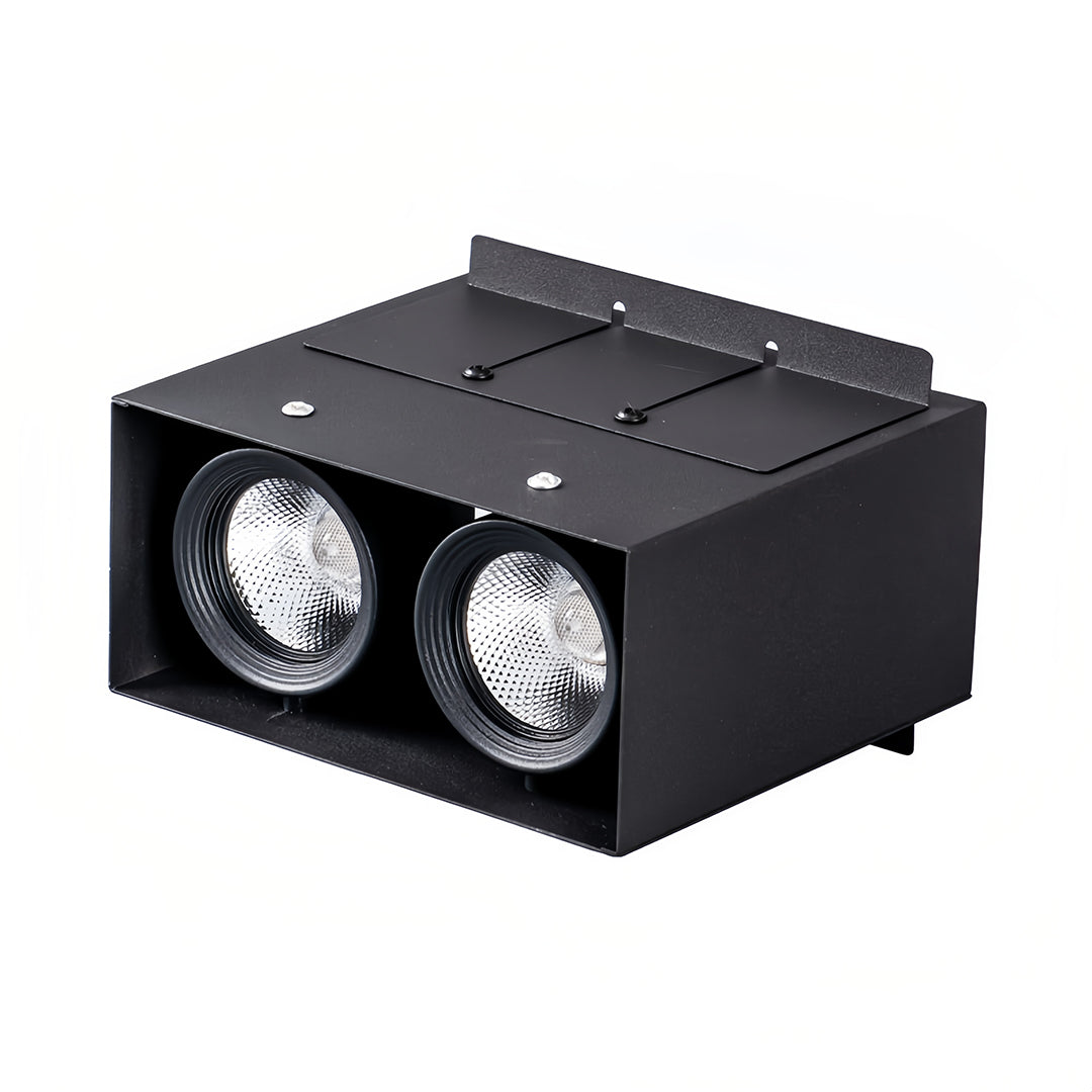 Triple square recessed downlight with black interior and white housing, installed in a modern ceiling